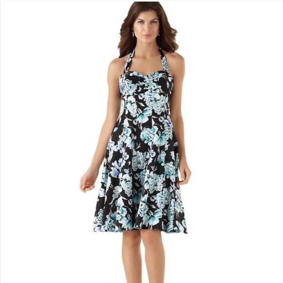 Vintage Blue Black Floral Pin Up Style Halter Dress - Picture 1 of 7